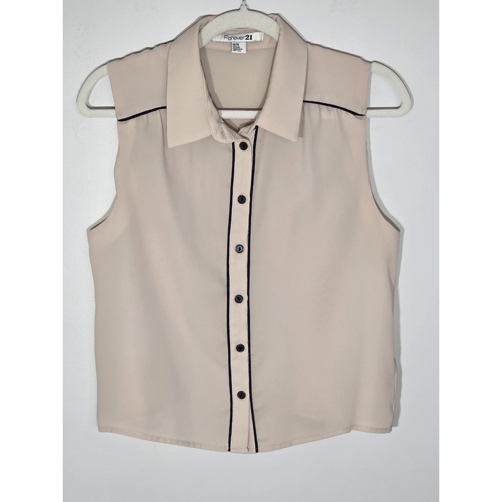 Women's Loose Sleeveless Blouse Contrast Piped Cream Black Business Casual Med